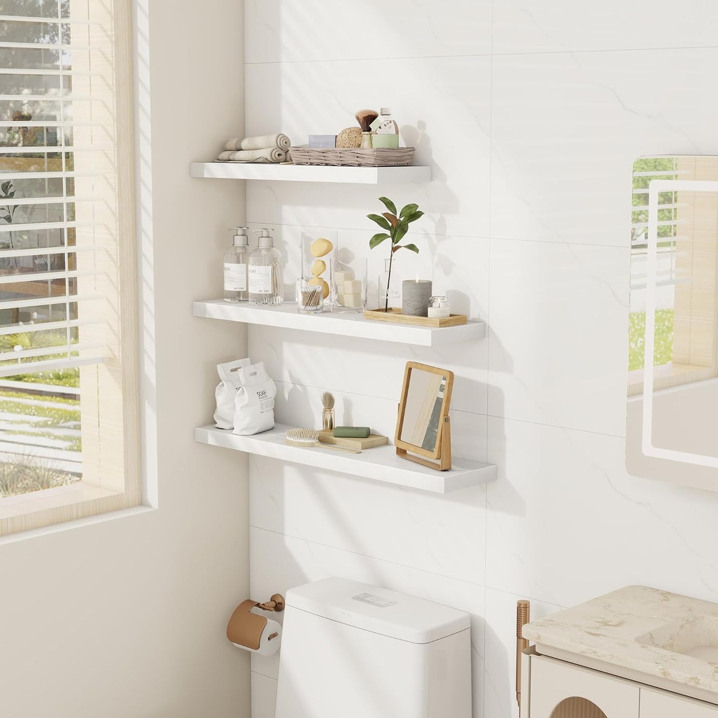 Fun Memories 30 Inch Floating Shelves Set of 3, Farmhouse White Wall Shelves for Kitchen, Living