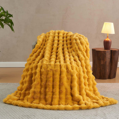 Lotus Karen Faux Fur Throw Blanket Ginger Yellow - Big Bubble Rabbit Fluff Blanket for Couch Bed