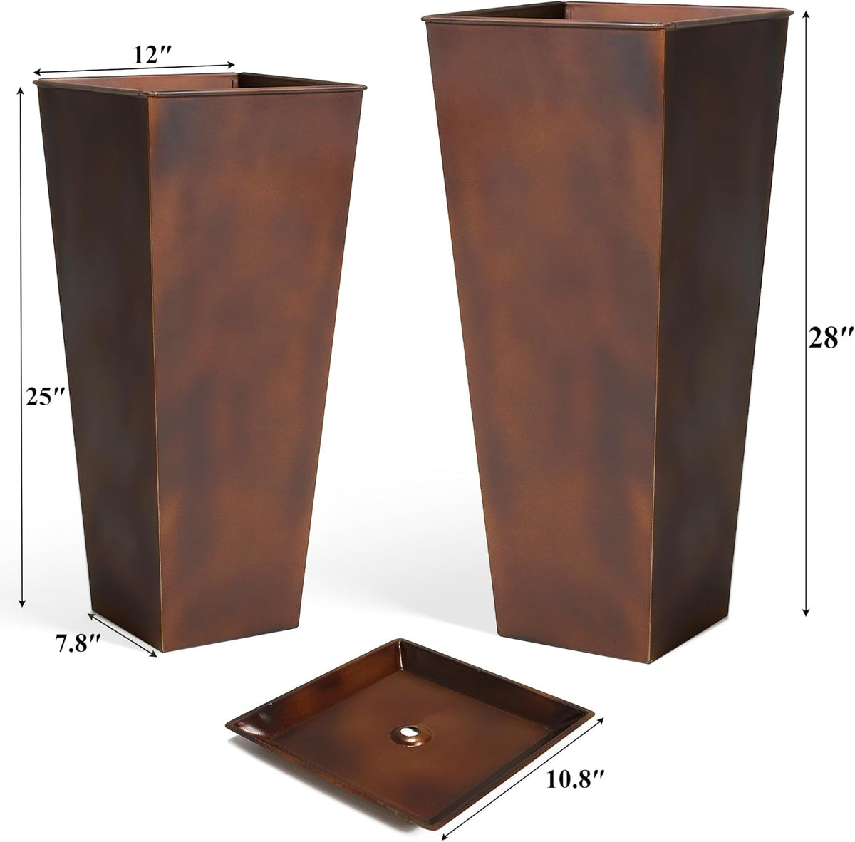 WORTH Garden Large Metal Planter Set of 2 (25" & 28" H.), Matte Bronze Retro Finish Tall Square