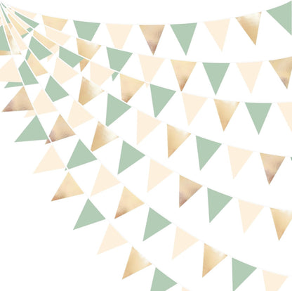 Sage Green Beige Champagne Gold Party Decorations Metallic Fabric Triangle Pennant Banner Bunting