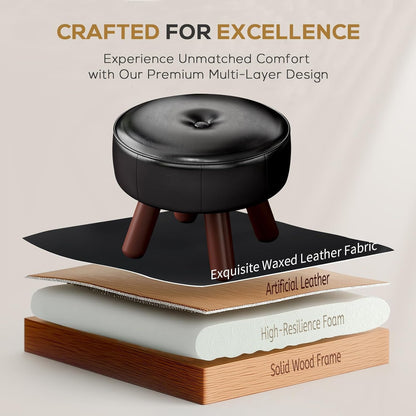 13in Small Foot Stool Ottoman, Round Faux Leather Foot Rest, Footstool Ottomans with Rubber Legs
