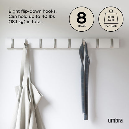 Umbra Flip Coat Rack, Wall Mount 8-Hook, Space Saving, White