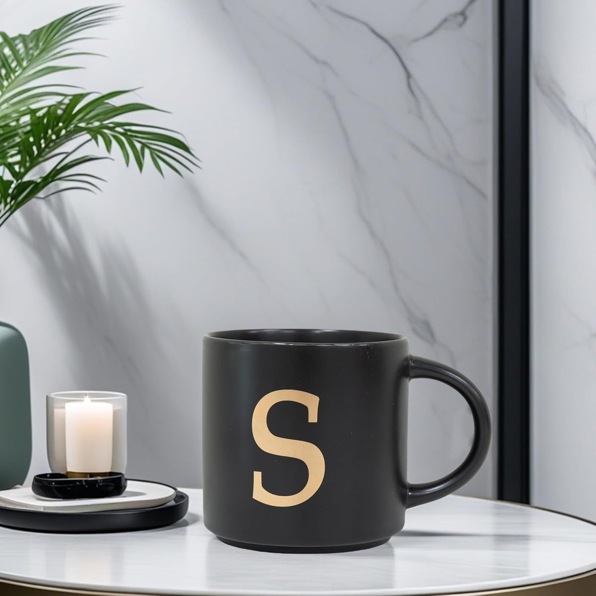 COLLECTIVE HOME - Monogram Ceramic Mugs, 15 oz Golden Initial Black Coffee Cups, Elegant Alphabet