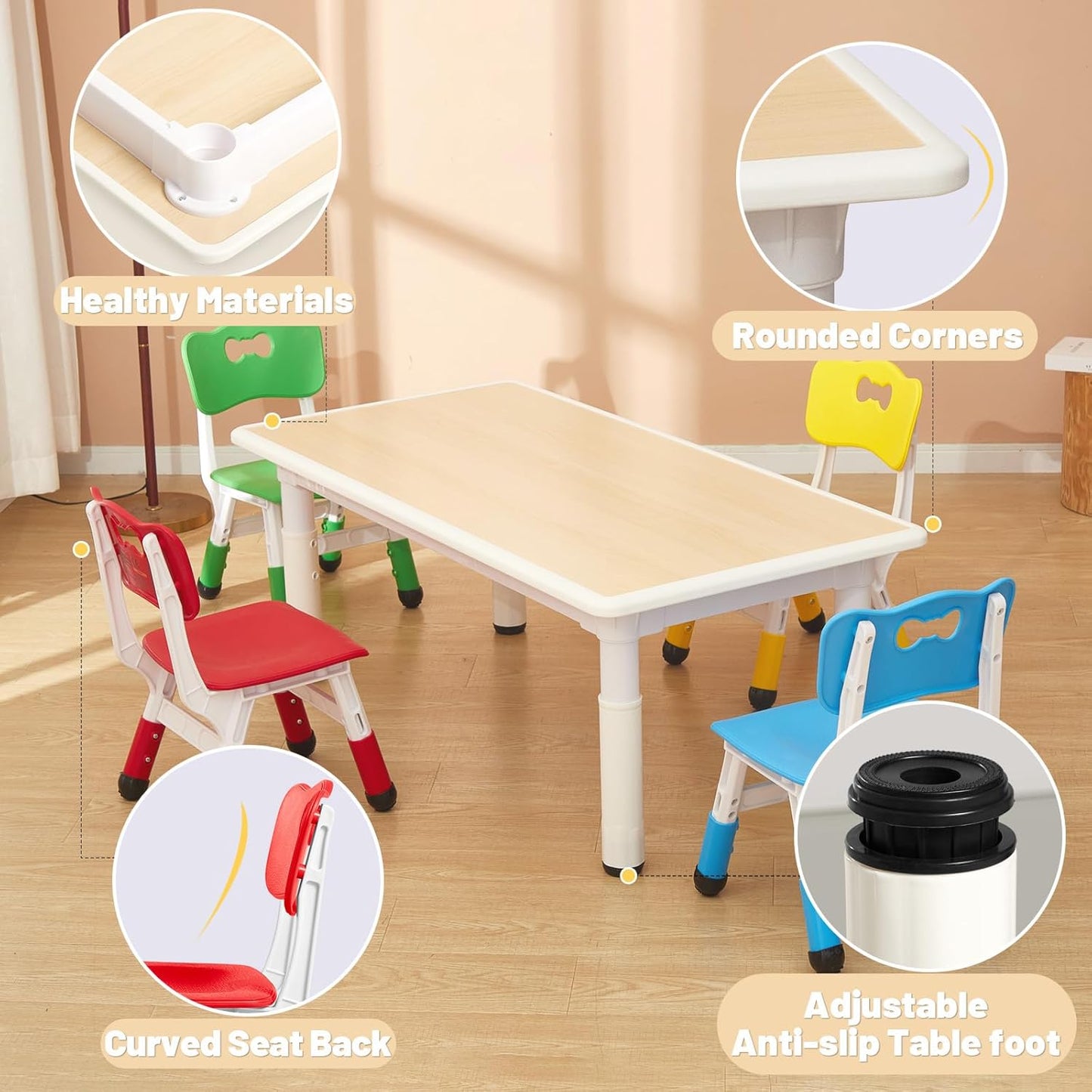 FUNLIO Kids Table and 4 Chairs Set for Ages 3-8, Height Adjustable Toddler Table and Chair Set