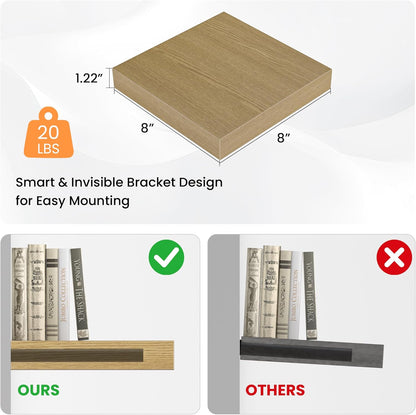 Square Floating Shelves for Wall, 8" W x 8" D x 1.2" H, Small Wooden Wall Mounted Display Shelves