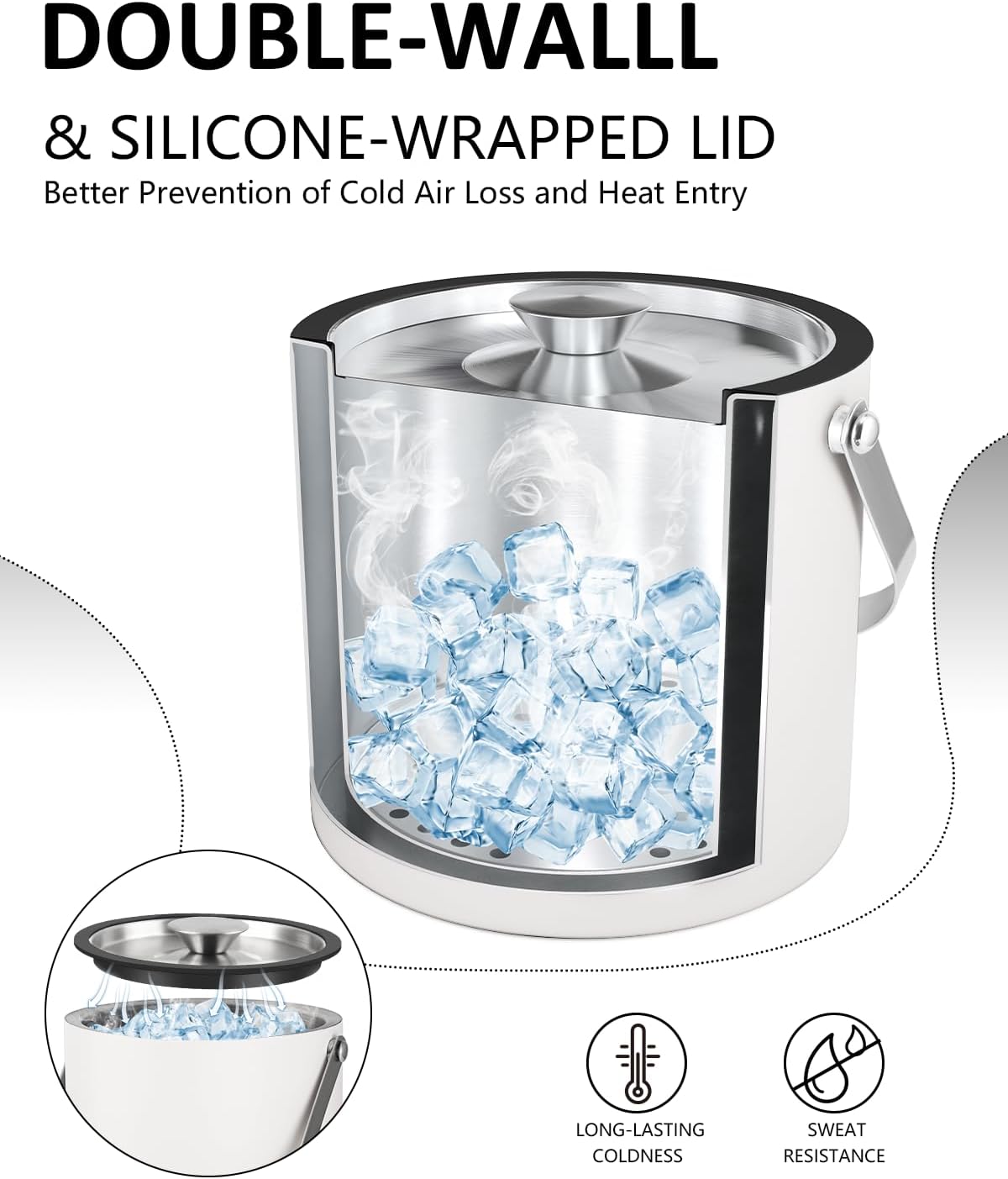 Insulated Ice Bucket with Silicone Lid, Scoop, Tongs & Strainer, 3L Stainless Steel Double Wall Ice