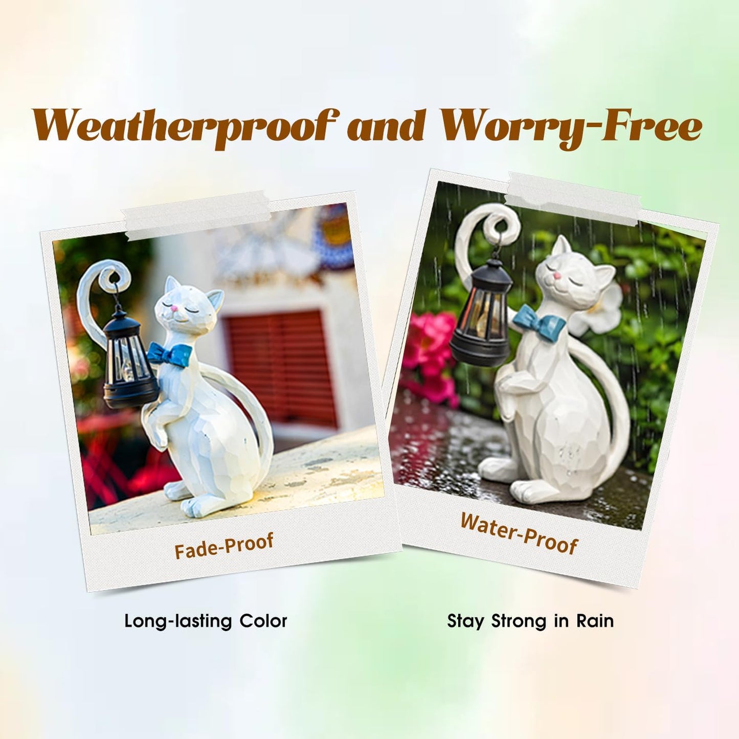 WHIMSYNOOK 10.7" White Cat Solar Garden Light Statue – Outdoor Garden & Yard Decor, LED Lantern