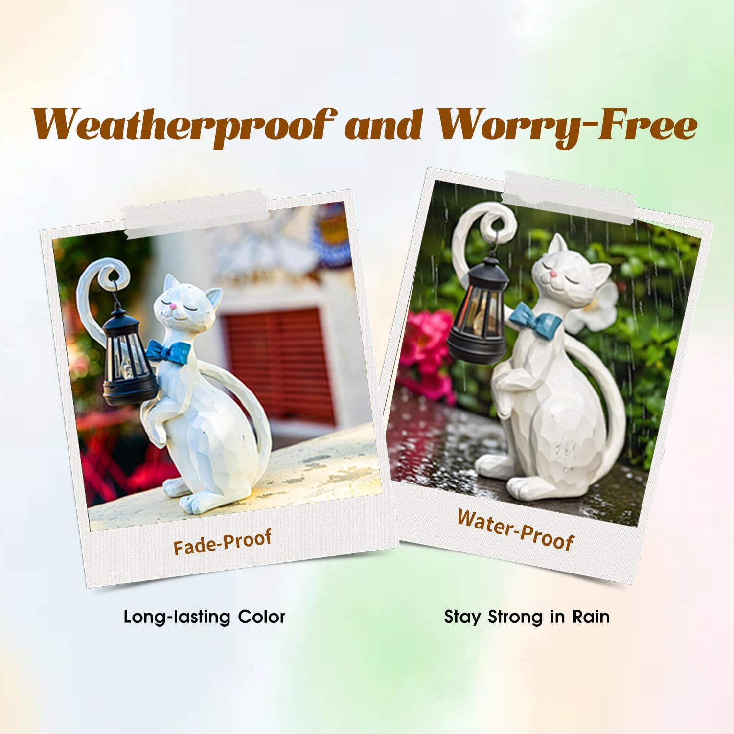 WHIMSYNOOK 10.7" White Cat Solar Garden Light Statue – Outdoor Garden & Yard Decor, LED Lantern
