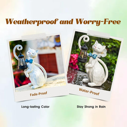 WHIMSYNOOK 10.7" White Cat Solar Garden Light Statue – Outdoor Garden & Yard Decor, LED Lantern