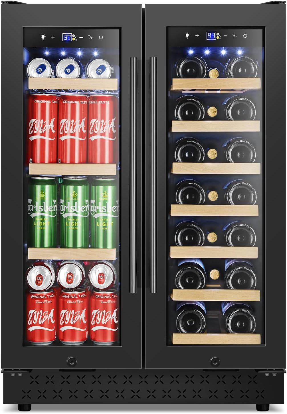 Tylza 24 Inch Wine and Beverage Refrigerator, Dual Zone Wine Beverage Cooler 24" with French Door