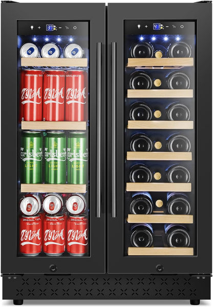 Tylza 24 Inch Wine and Beverage Refrigerator, Dual Zone Wine Beverage Cooler 24" with French Door