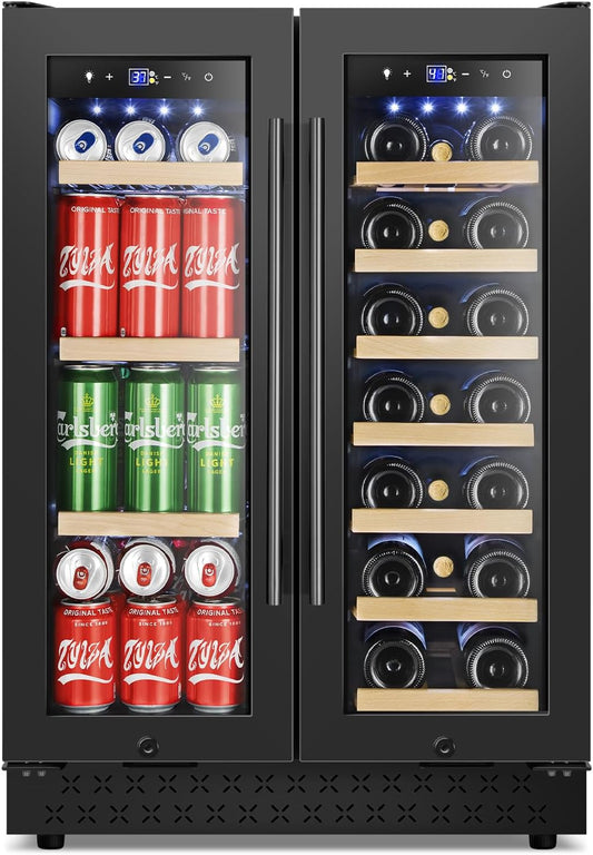 Tylza 24 Inch Wine and Beverage Refrigerator, Dual Zone Wine Beverage Cooler 24" with French Door