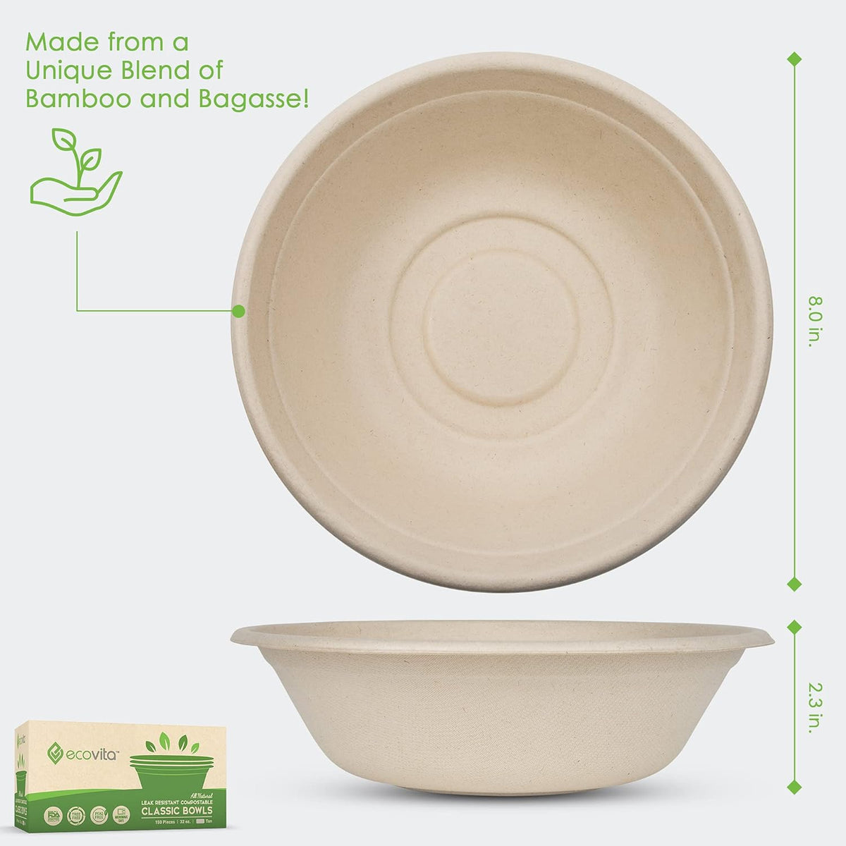 100% Compostable Paper Bowls [32 oz.] – 150 Disposable Bowls Eco Friendly Sturdy Tree Free Liquid