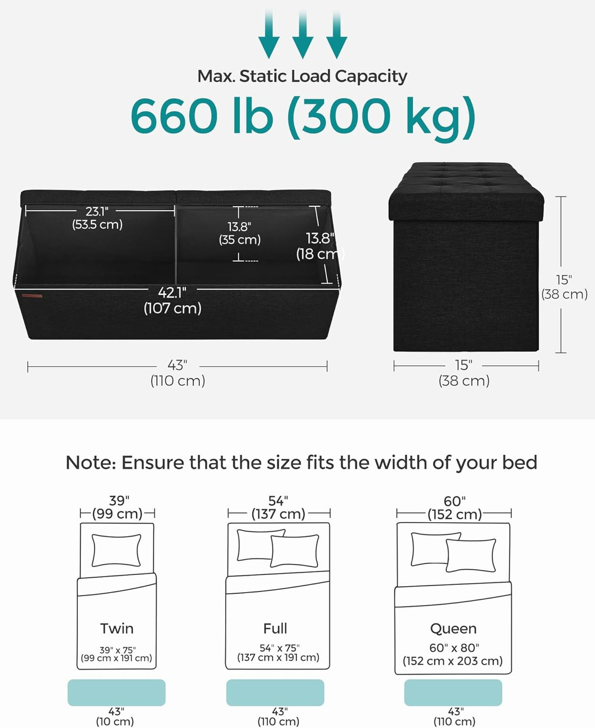SONGMICS MAZIE Collection - 43 Inches Folding Storage Ottoman Bench, Ottoman Foot Rest, End of Bed