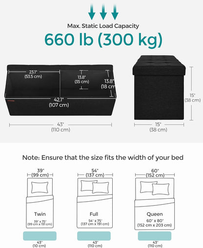 SONGMICS MAZIE Collection - 43 Inches Folding Storage Ottoman Bench, Ottoman Foot Rest, End of Bed