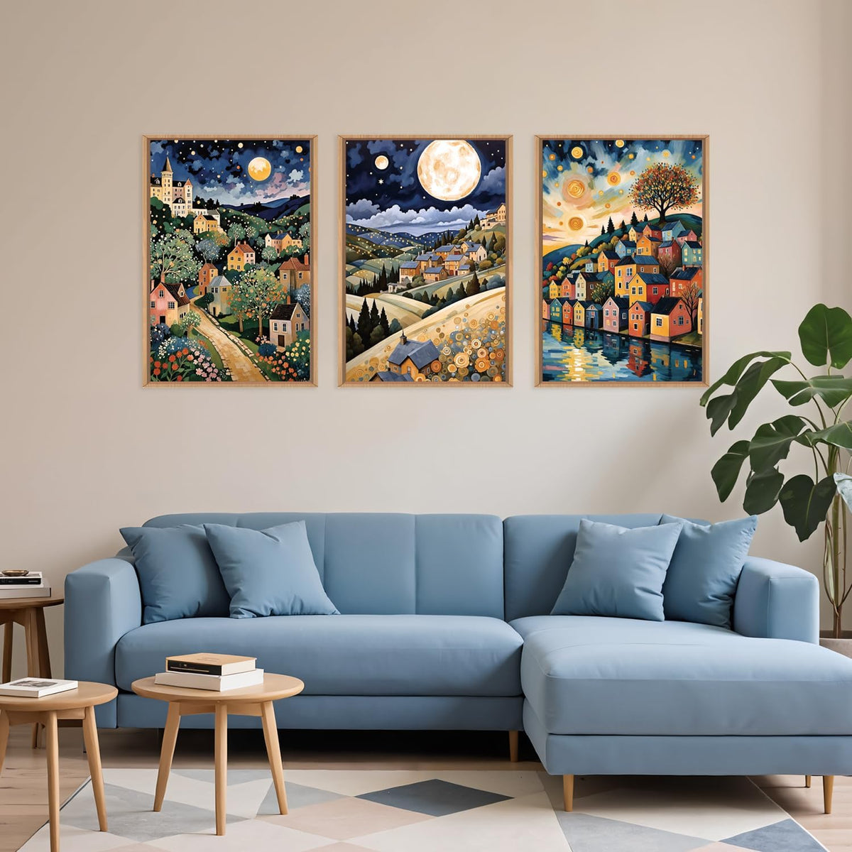 LHIUEM Large Abstract Colorful Framed Canvas Wall Art,Retro Night Village Wall Decor,Natural Moon