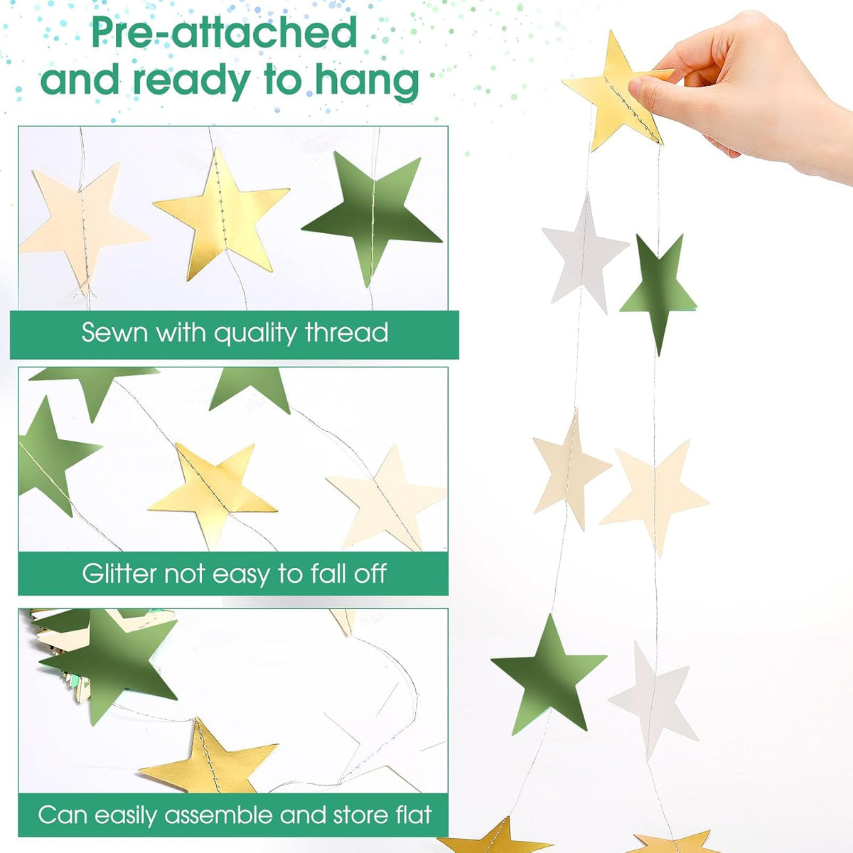 Patelai Glitter Star Garland Banner Decor 130 Feet Star Hanging Bunting Banner Twinkle Backdrop for