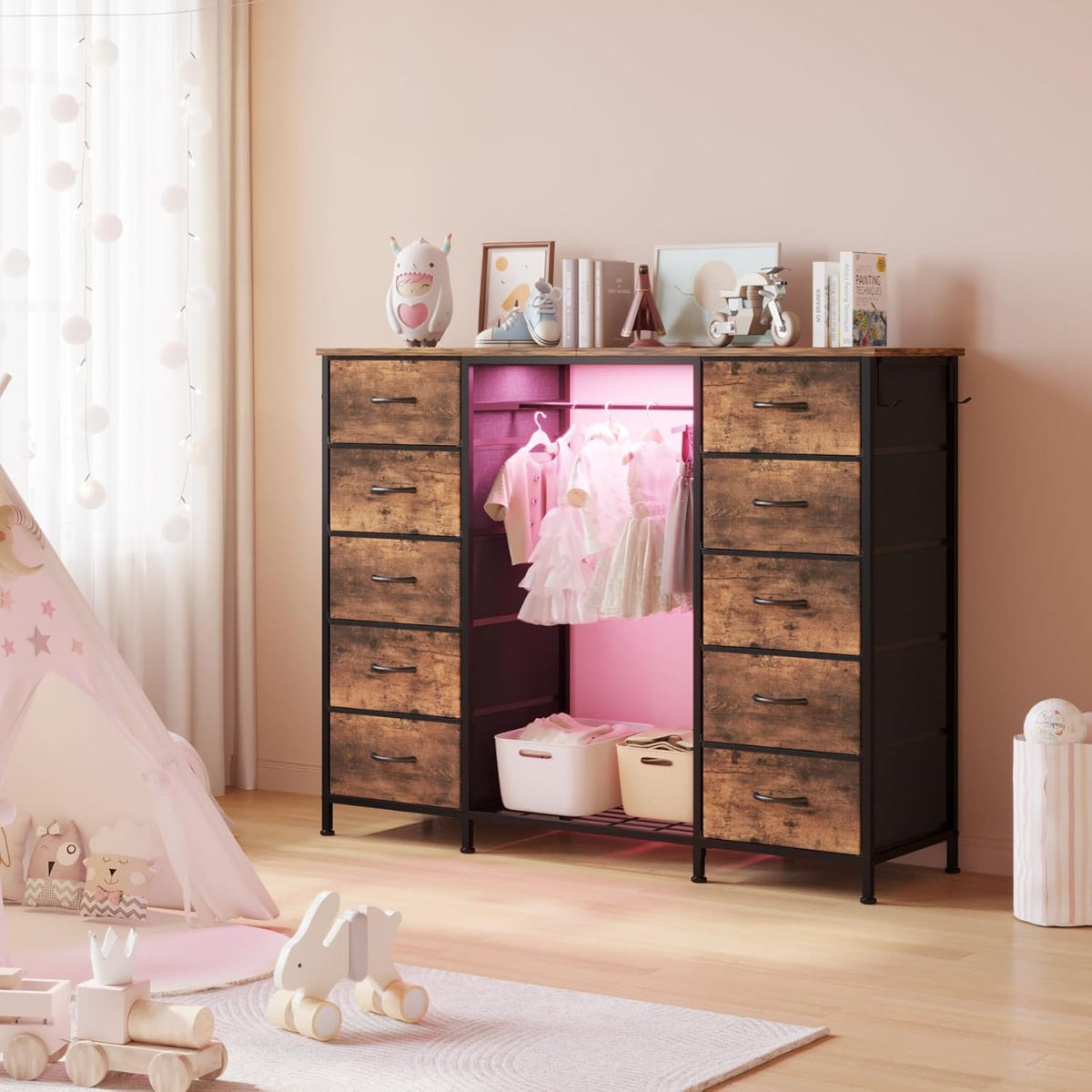 LUMTOK 55W 2-in-1 Dresser with Hanging Rack, 10 Drawers Dresser for Bedroom,Dressers with Fabric