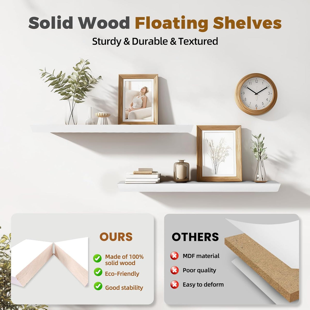 36"x6.8"x1.6" Slanted Floating Wall Shelves 2-Pack - Rustic White Finish, Heavy-Duty Solid Wood