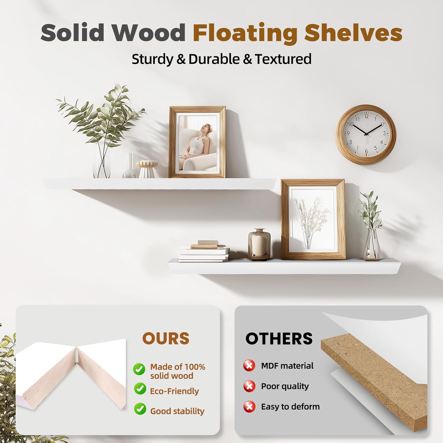 36"x6.8"x1.6" Slanted Floating Wall Shelves 2-Pack - Rustic White Finish, Heavy-Duty Solid Wood