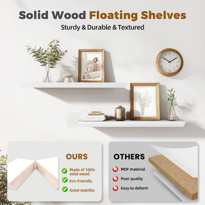36"x6.8"x1.6" Slanted Floating Wall Shelves 2-Pack - Rustic White Finish, Heavy-Duty Solid Wood