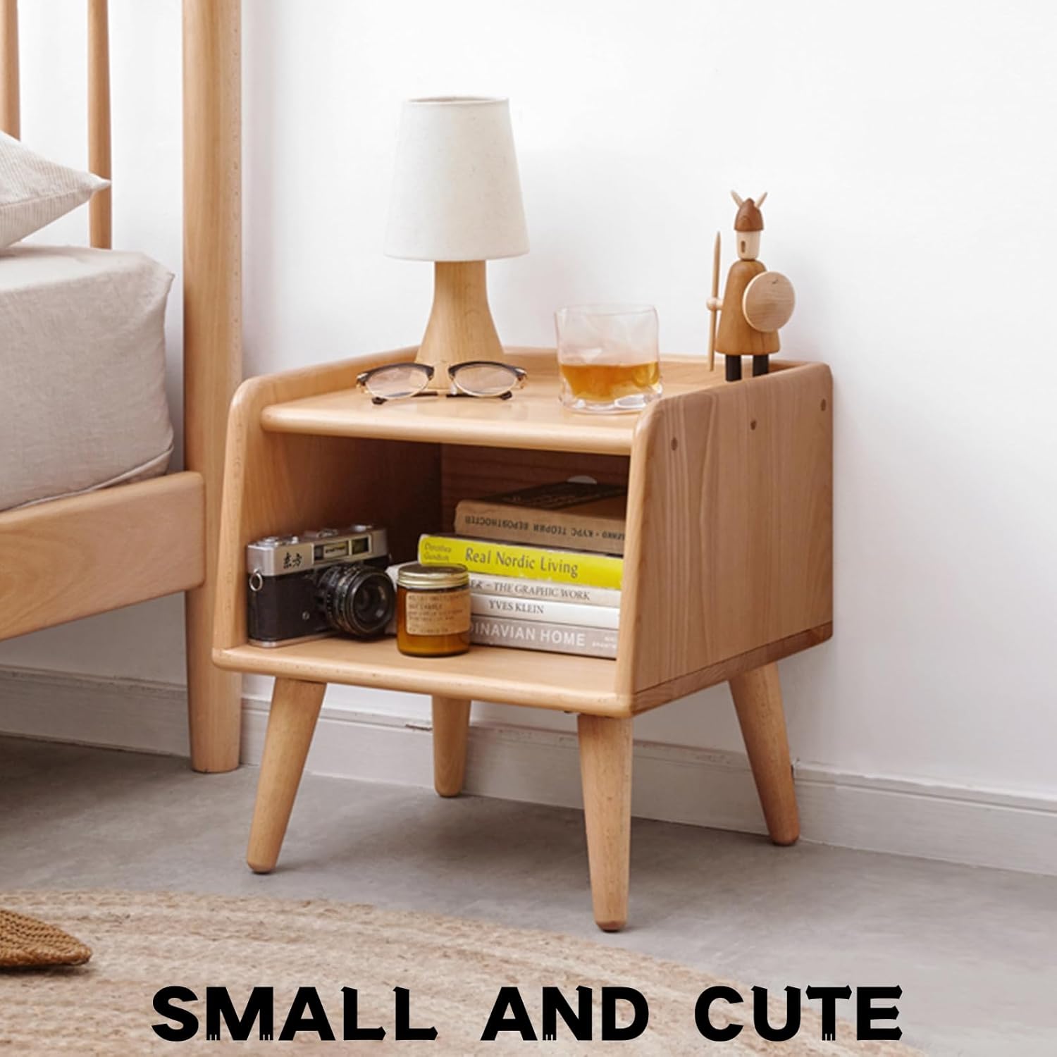 Small Nightstand, 100% Solid Oak Wood Bedside Table, Mid Century Modern Nightstand with Open