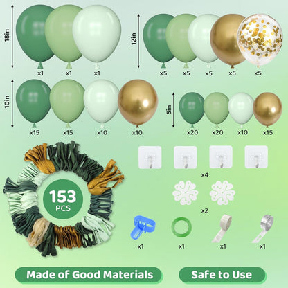 Amandir 153pcs Sage Green Balloon Garland Arch Kit, Different Sizes 18 12 10 5 inch Sage Green Gold