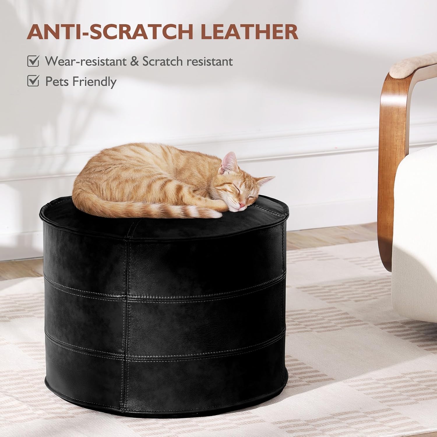 Round Leather Ottoman,Handmade Stuffed Ottoman,Genuine Leather Pouf, Foot Rest Pouf,Comfortable