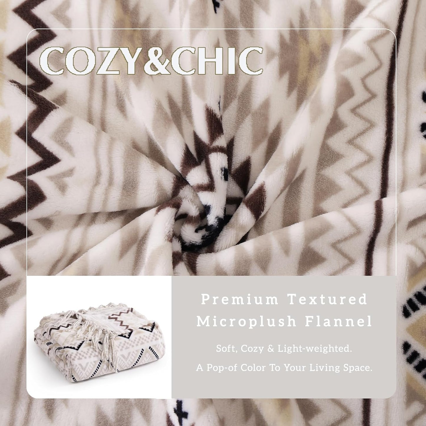 CASAAGUSTO Boho Throw Blanket - Beige and Gray Decorative Blankets with Tassel, Printed Flannel
