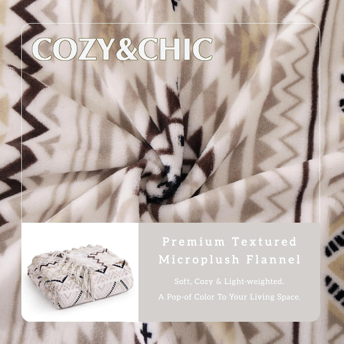 CASAAGUSTO Boho Throw Blanket - Beige and Gray Decorative Blankets with Tassel, Printed Flannel