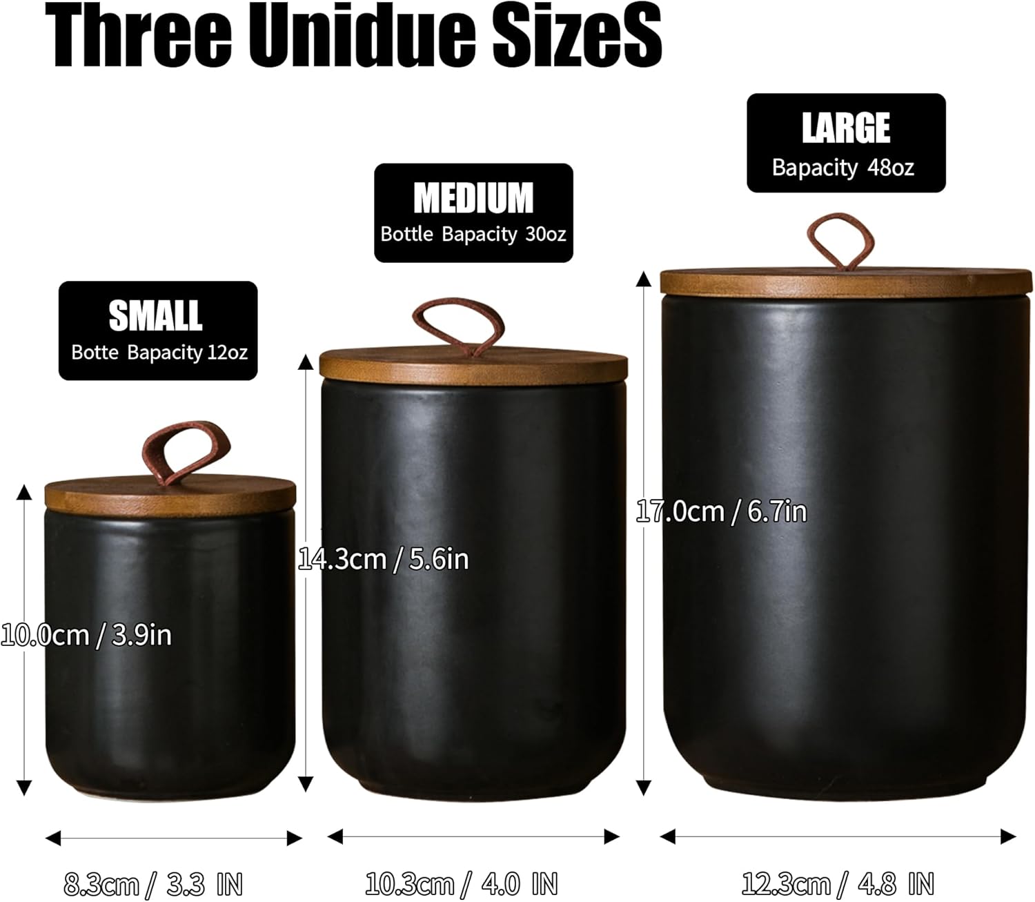 JOJUNO Black Ceramic Canister Set with Wooden Lid, 3-Piece Airtight Food Storage Jars for Kitchen