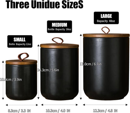 JOJUNO Black Ceramic Canister Set with Wooden Lid, 3-Piece Airtight Food Storage Jars for Kitchen