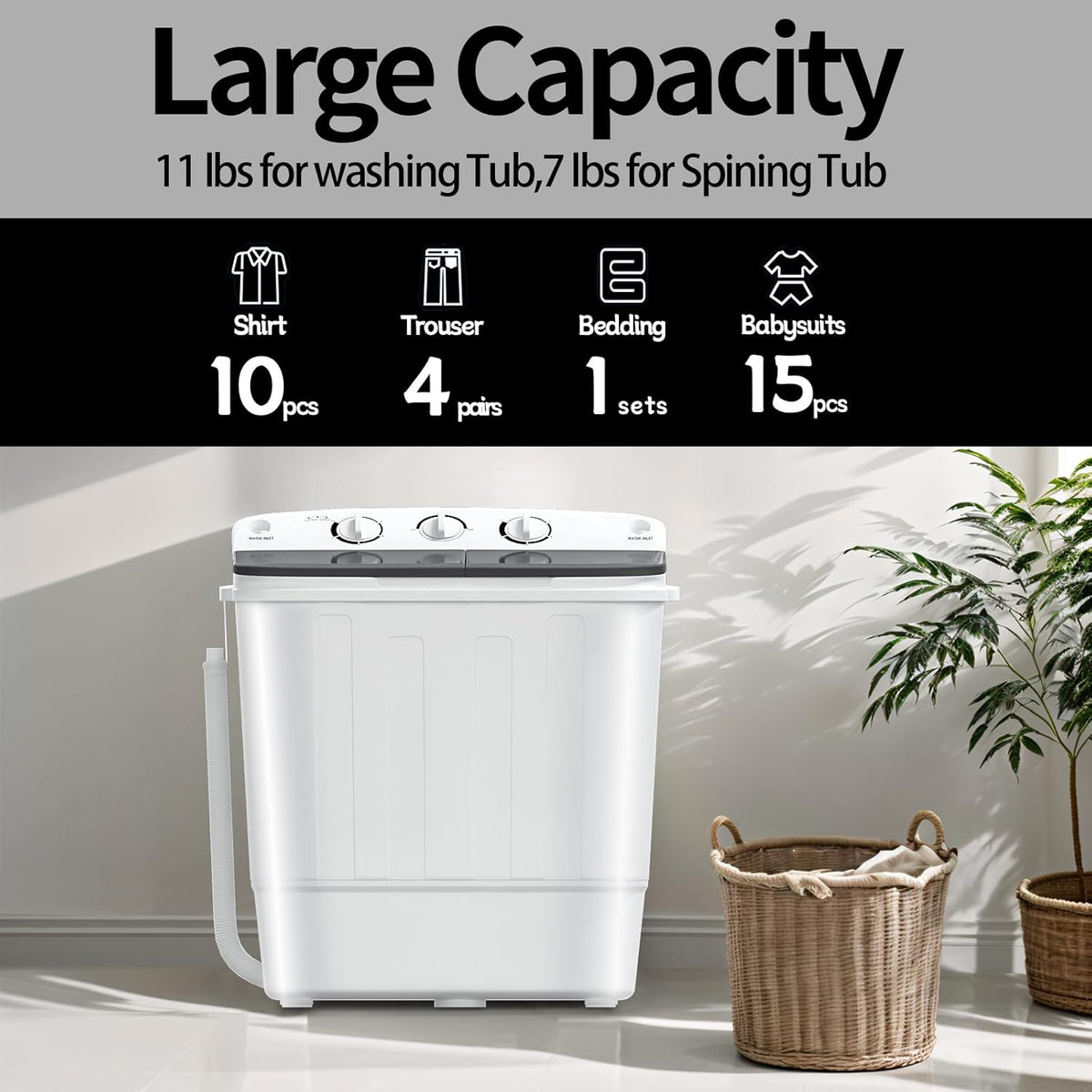 Portable Mini Twin Tub 18lbs Washing Machine With Drying Rack& 10 Hangers, 11lbs Washer & 7lbs