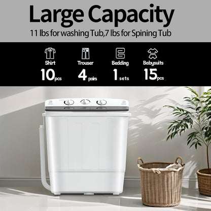 Portable Mini Twin Tub 18lbs Washing Machine With Drying Rack& 10 Hangers, 11lbs Washer & 7lbs