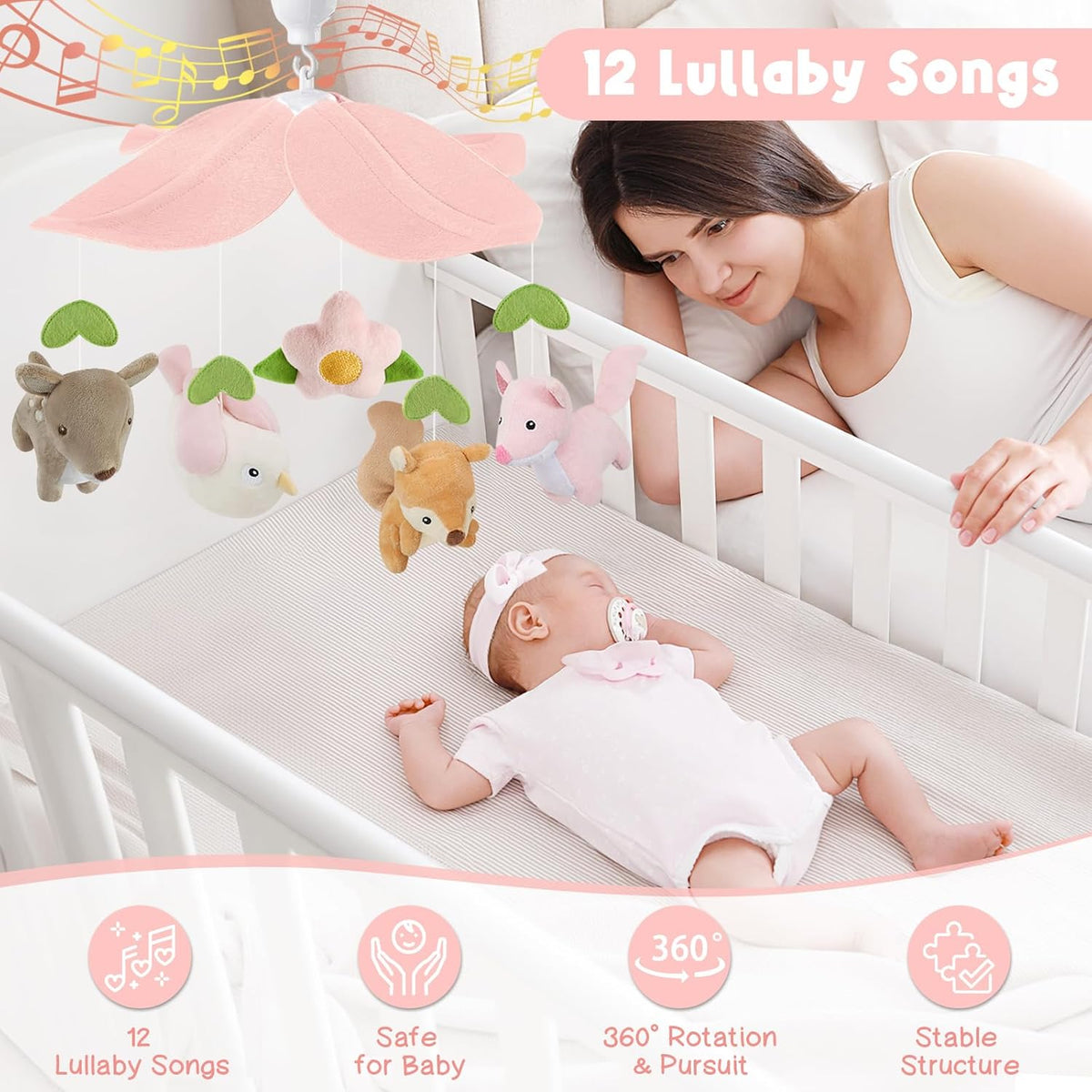 Woodland Crib Mobile for Girls – Cute Animals Baby Mobile for Crib with Upgraded 3-Mode Music Box