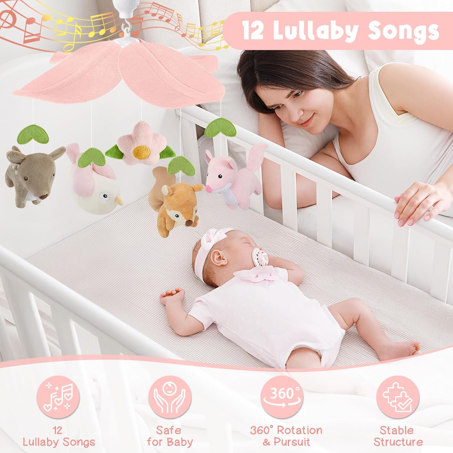 Woodland Crib Mobile for Girls – Cute Animals Baby Mobile for Crib with Upgraded 3-Mode Music Box
