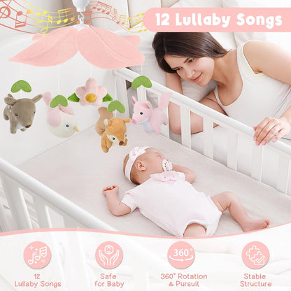 Woodland Crib Mobile for Girls – Cute Animals Baby Mobile for Crib with Upgraded 3-Mode Music Box