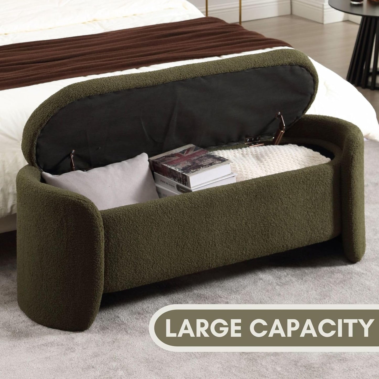 ROCTY Green Boucle Storage Bench - 50" Sherpa End of Bed Ottoman with Seating and Storage for