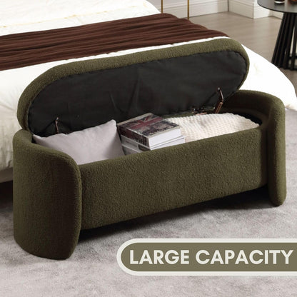 ROCTY Green Boucle Storage Bench - 50" Sherpa End of Bed Ottoman with Seating and Storage for