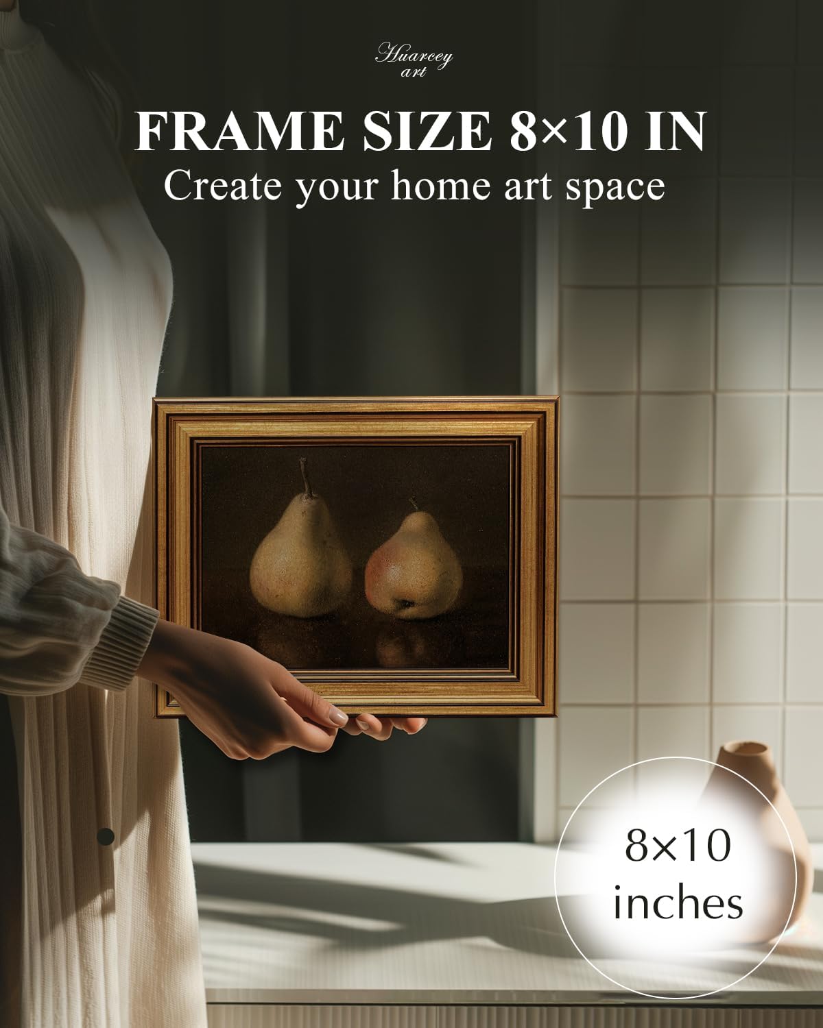 HUARCEY Gold Framed Vintage Wall Art for Living Room, Pear Fruits Painting Prints Shelf Decor for