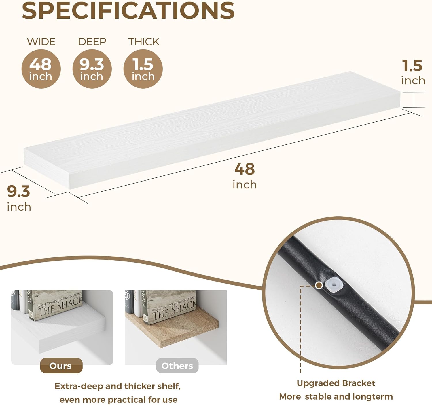 48 Inches Floating Shelves for Wall, 9.3" Deep Long Floating Shelves Set of 1, Large Display &