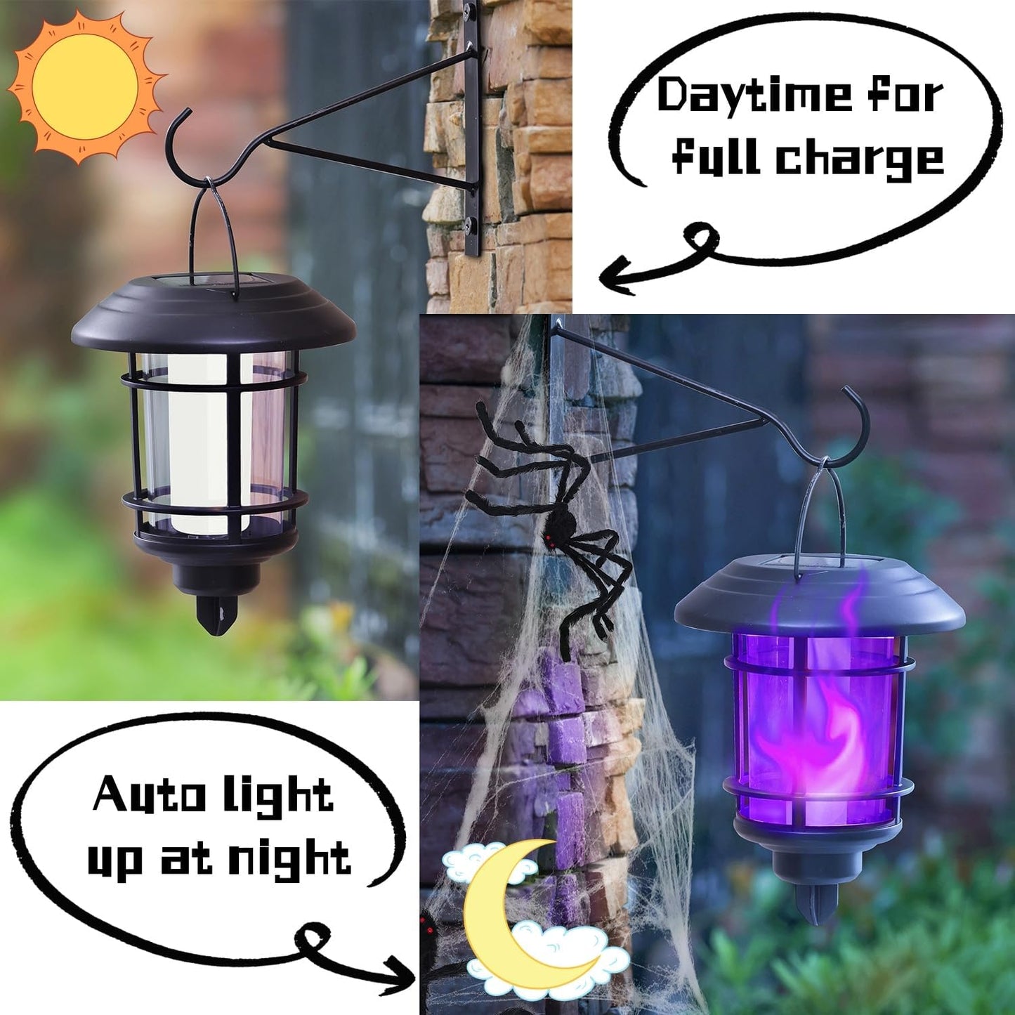 Dynaming Solar Purple Flame Wall Lanterns, Outdoor Halloween Hanging Lights, Flickering Flame LED
