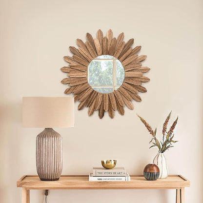 Honiway Mirror Wall Decor 21 inch Rustic Wood Boho Aesthetic Mirror for Room & Home Decor Farmhouse