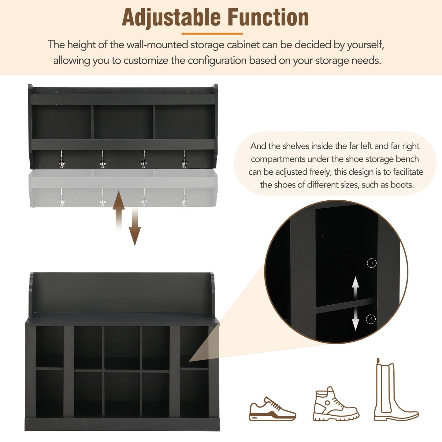 Shoe Storage Bench with Shelves and 4 Hooks, Entryway Hall Tree with Shoe Cabinets with Coat Rack
