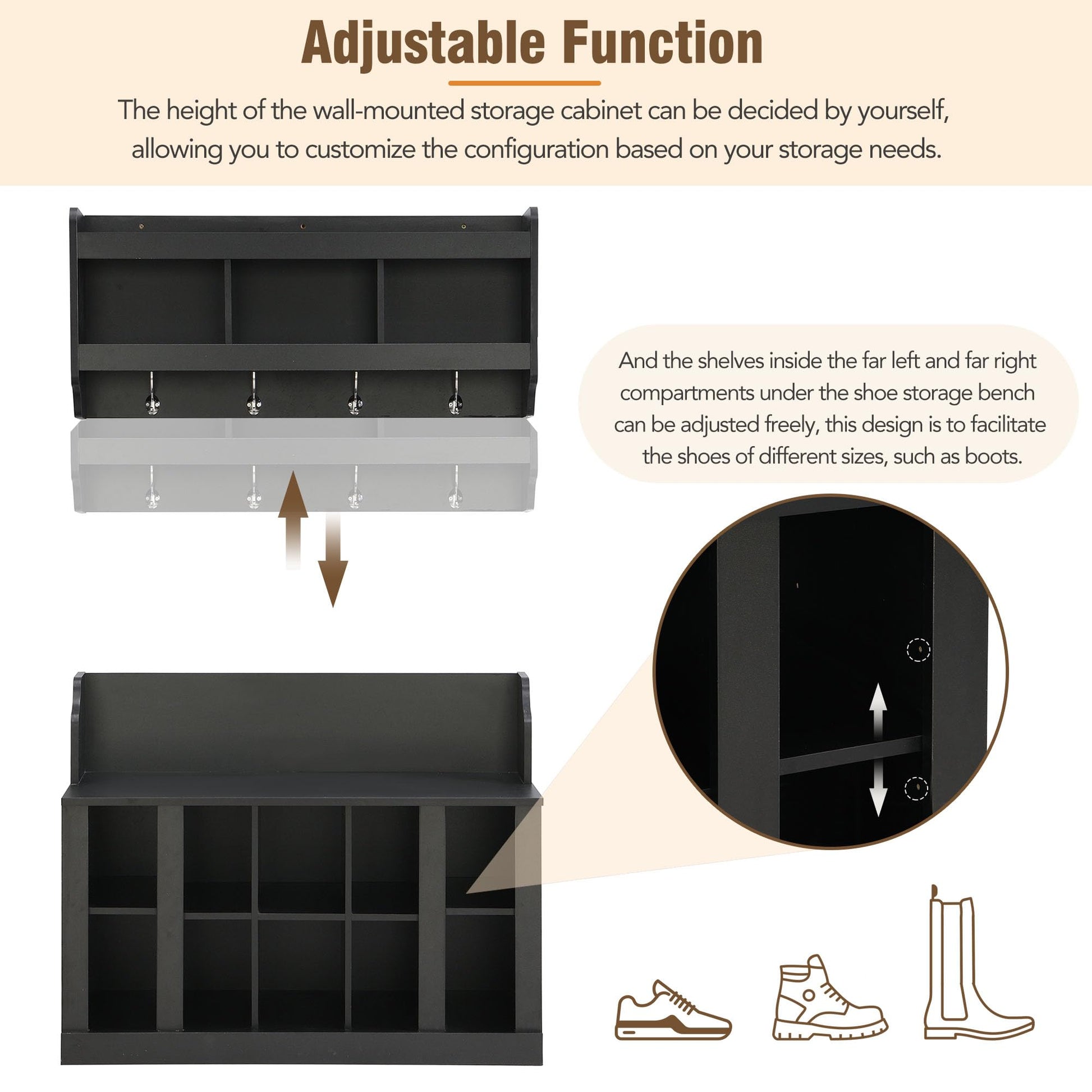 Shoe Storage Bench with Shelves and 4 Hooks, Entryway Hall Tree with Shoe Cabinets with Coat Rack