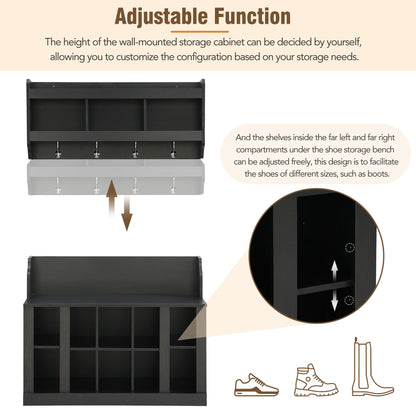 Shoe Storage Bench with Shelves and 4 Hooks, Entryway Hall Tree with Shoe Cabinets with Coat Rack
