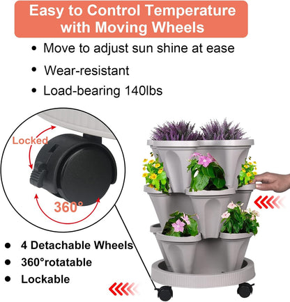 DUNCHATY Stackable Planter, Vertical Garden Planter with Wheels and Tools, Self Watering Strawberry