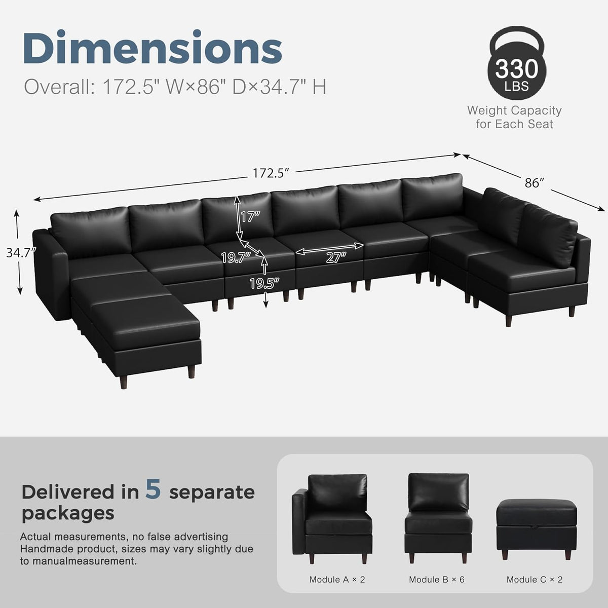 Oversized 172.5" Faux Leather Modular Sectional Sofa, Modern Large 10 Seater U Shaped Couch with