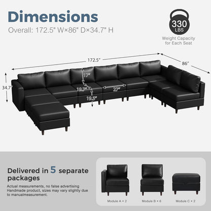 Oversized 172.5" Faux Leather Modular Sectional Sofa, Modern Large 10 Seater U Shaped Couch with