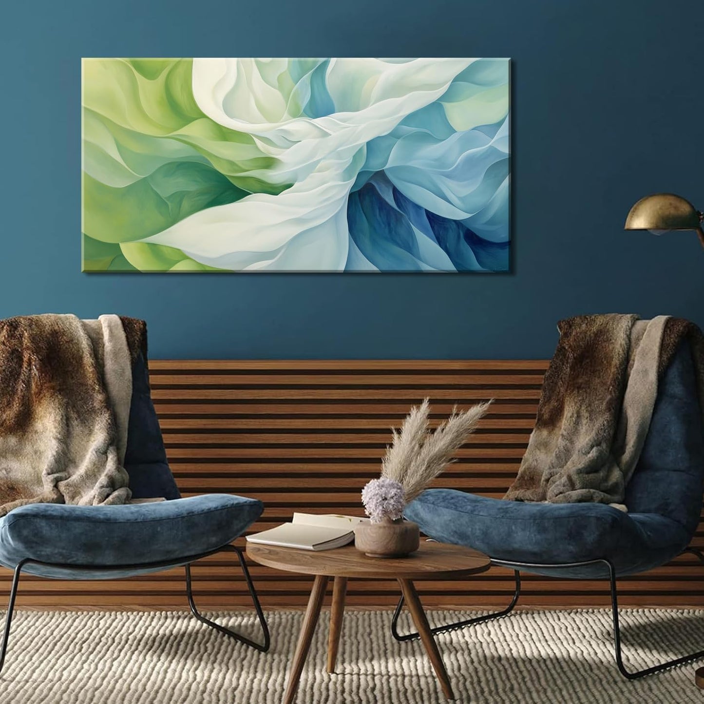 LASMOND Abstract Lines Wall Art for Living Room Canvas Prints Aqua Turquoise Blue Green Artwork